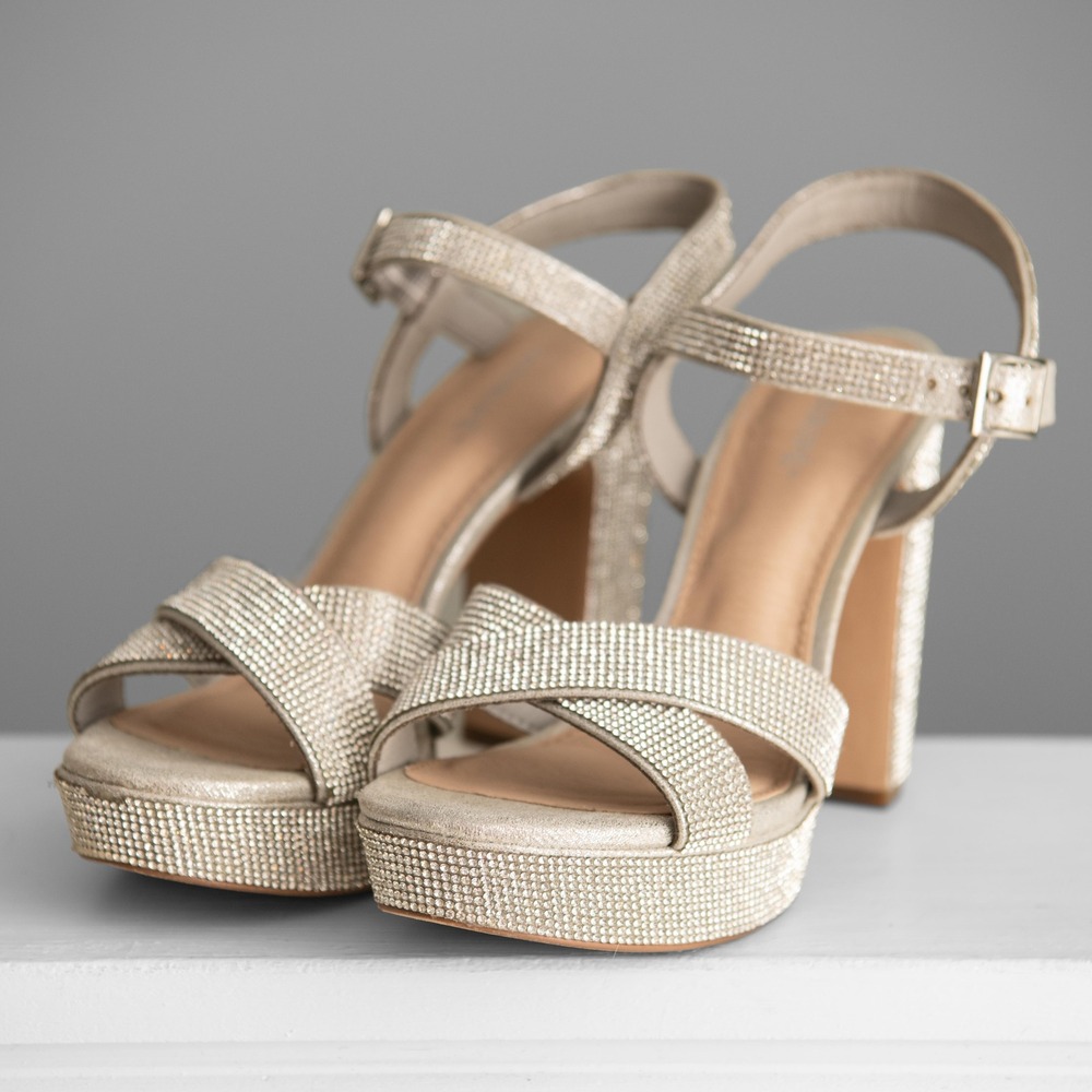 Maripe Sparkle Rhinestone Platform Block Heels Sz 8 Glam Bridal Shoes Y2K Bling